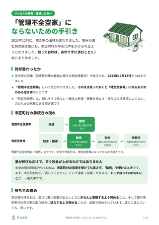 「管理不全空家」にならないための手引きの見本（1枚目）