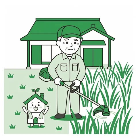 作業者が実家の庭の草を刈る