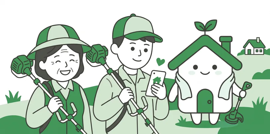 刈払機を肩にかけた作業者2人と、手を振る家の形のキャラクター