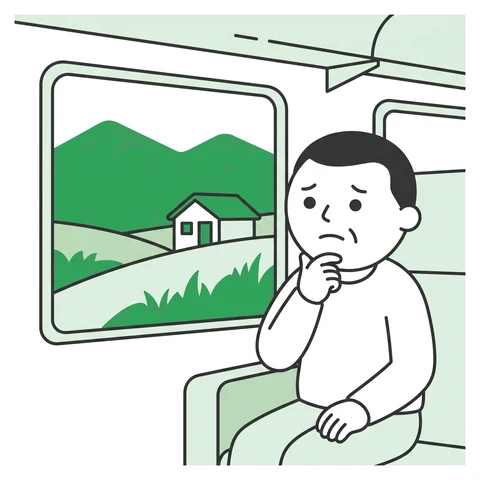 電車の窓から遠ざかる田舎を見る男性