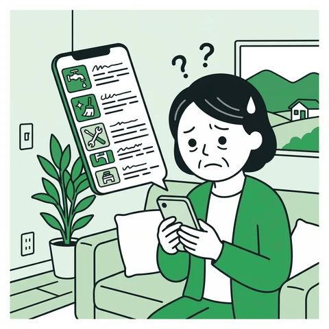 スマホにたくさん並ぶ業者を見て迷う女性