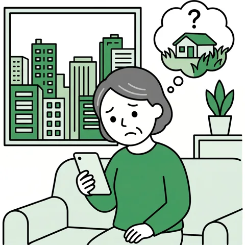 何も届かないスマホを見て、実家の草を気にする女性