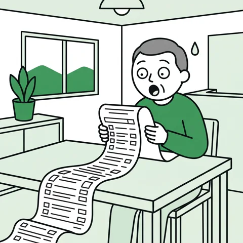 長くのびた請求書を見て驚く男性