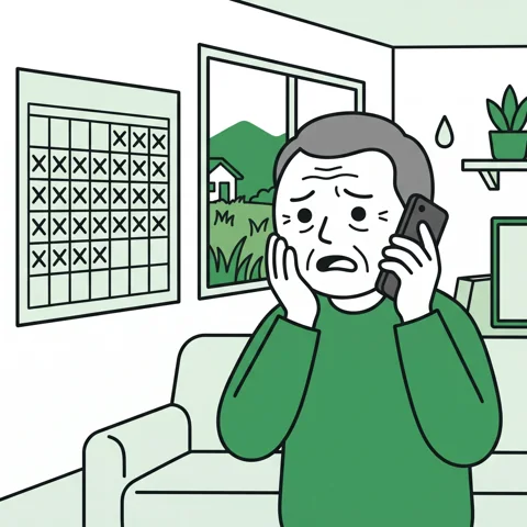 ×で埋まったカレンダーを見ながら電話で困る男性